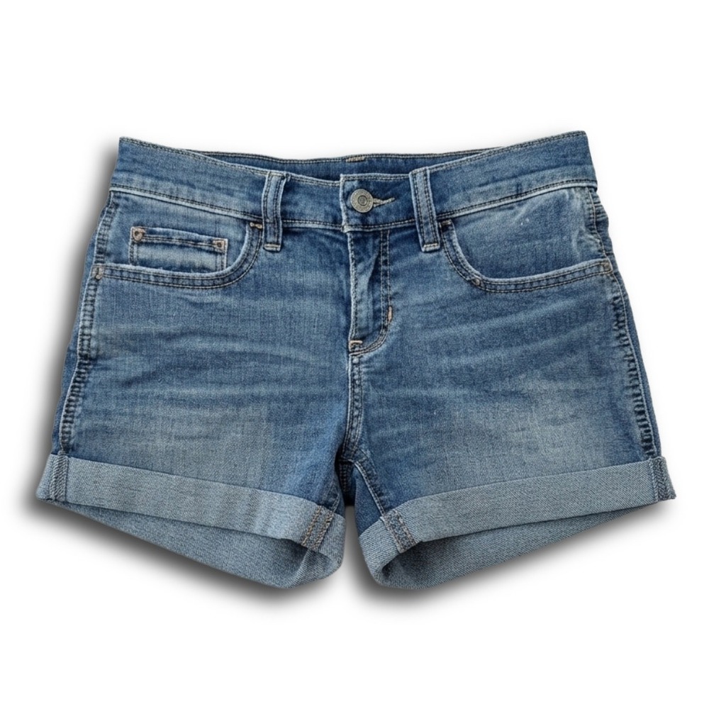 Hollister Low Rise Classic Stretch Denim Shorts Medium Wash Blue Cuffed Size 0